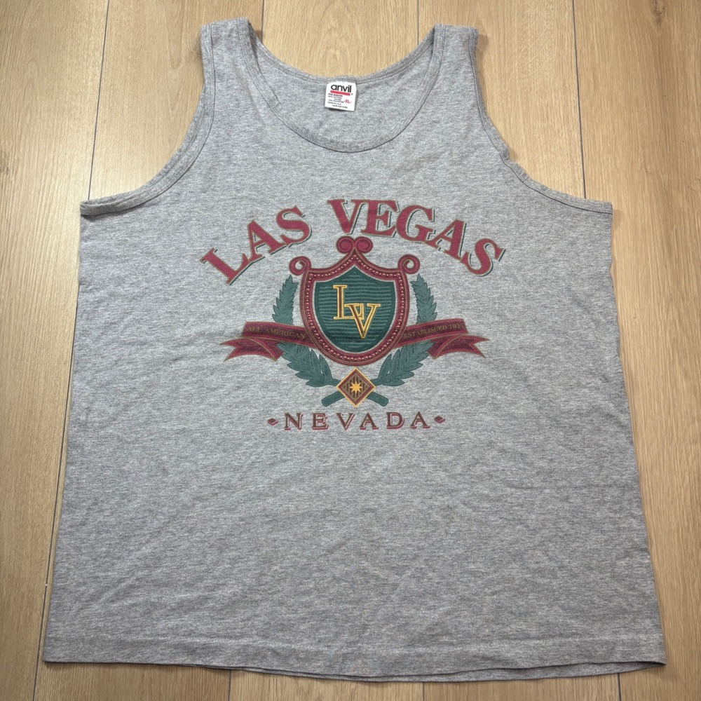 Vintage Anvil Las Vegas Nevada Tank Top Mens XL Gray Single Stitch 90s Graphic